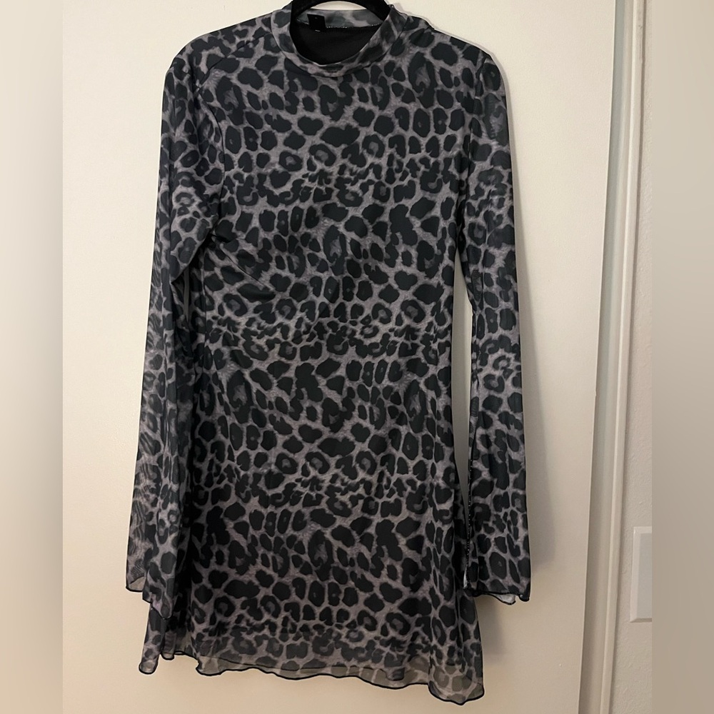 SHEIN Leopard Print Sheer Sleeve Mini Dress